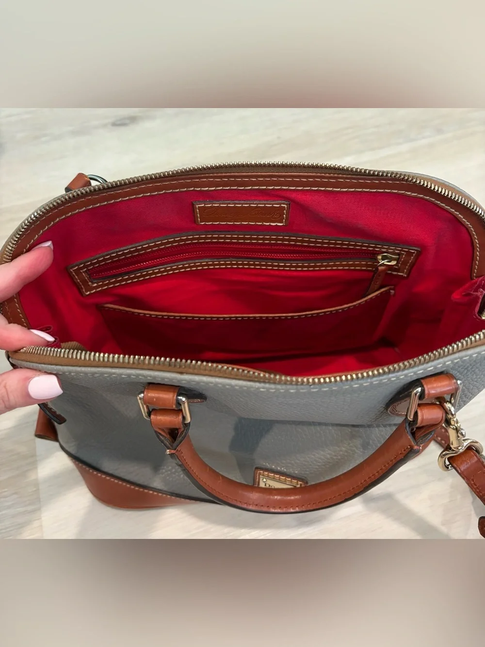 Dooney & Bourke Gray and Brown Leather Trim Satchel